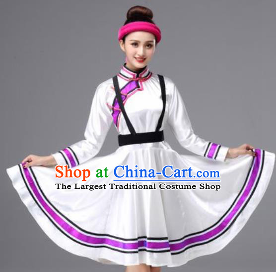 Chinese Traditional Ethnic Costumes Mongolian Minority Nationality Folk Dance White Dress for Women