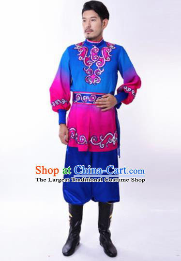 Chinese Traditional Folk Dance Costumes Uyghur Minority Dance Blue Clothing for Men
