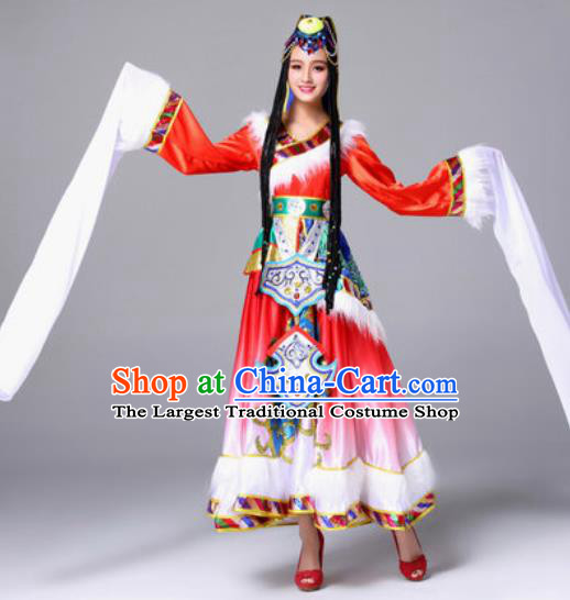 Chinese Traditional Zang Ethnic Costumes Tibetan Minority Nationality Folk Dance Red Dress for Women