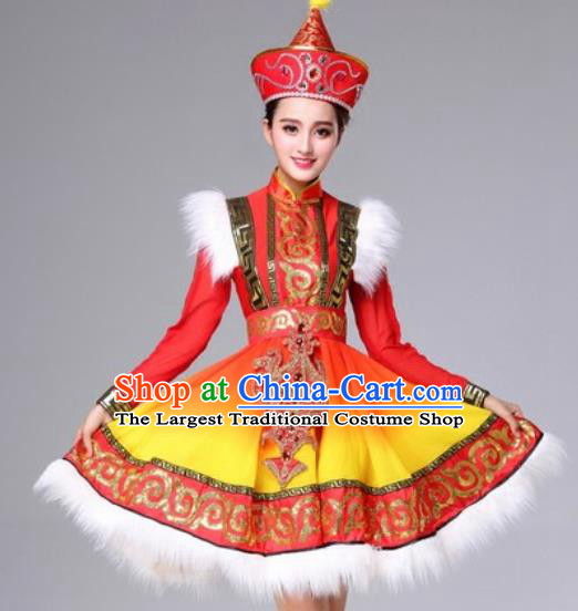 Chinese Traditional Mongolian Ethnic Costumes Mongol Minority Nationality Folk Dance Red Dress for Women