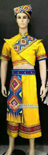 Chinese Traditional Folk Dance Yellow Costumes Zhuang Minority Dance Clothing for Men