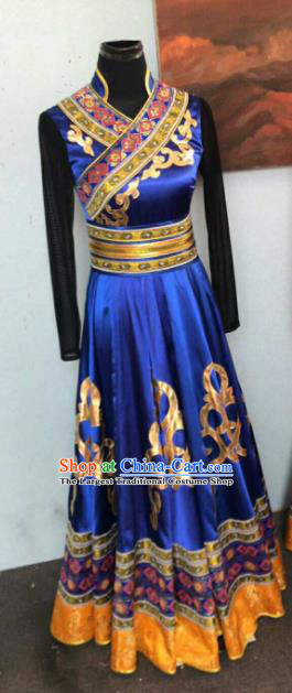 Chinese Traditional Mongol Nationality Ethnic Costumes Mongolian Folk Dance Blue Dress for Women
