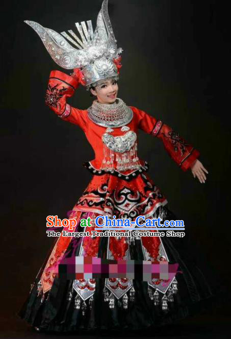 Chinese Traditional Miao Nationality Wedding Costumes Hmong Folk Dance Red Ethnic Dress for Women