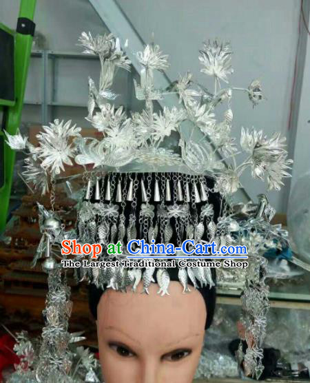 Traditional Chinese Miao Nationality Sliver Phoenix Coronet Hmong Ethnic Folk Dance Hair Accessories for Women