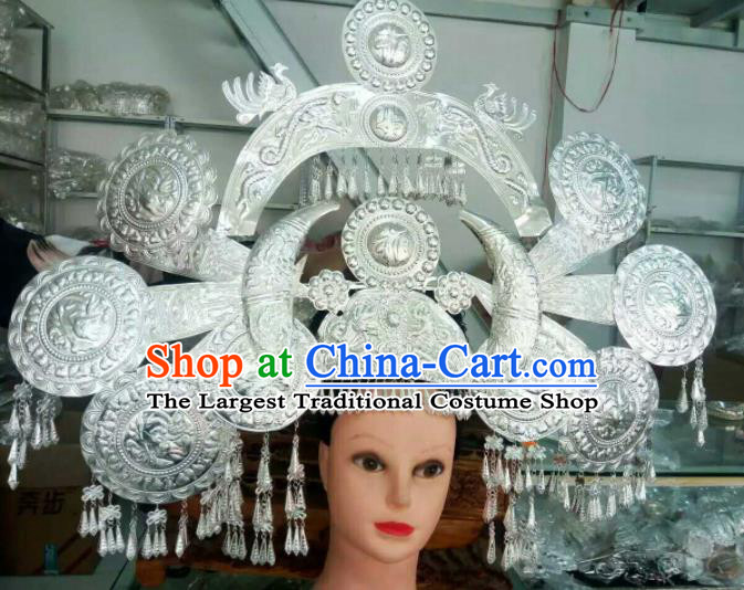 Traditional Chinese Miao Nationality Peacock Phoenix Coronet Hmong Ethnic Sliver Hair Accessories for Women