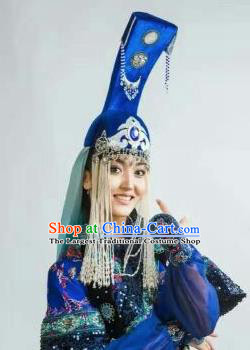 Chinese Traditional Mongol Nationality Headwear Mongolian Dance Ethnic Blue Hat for Women