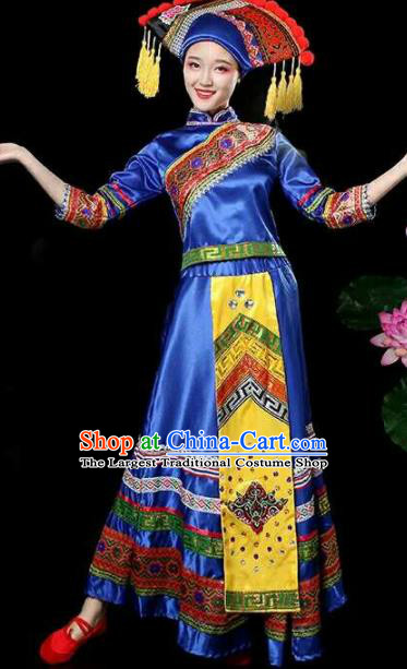 Chinese Traditional Zhuang Nationality Costumes Ethnic Folk Dance Blue Dress and Hat for Women