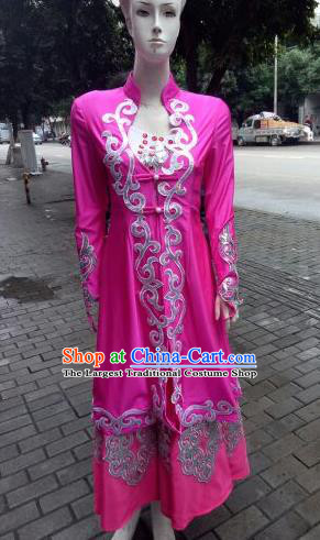 Chinese Traditional Kazak Nationality Costumes Kazakhs Ethnic Folk Dance Rosy Dress for Women