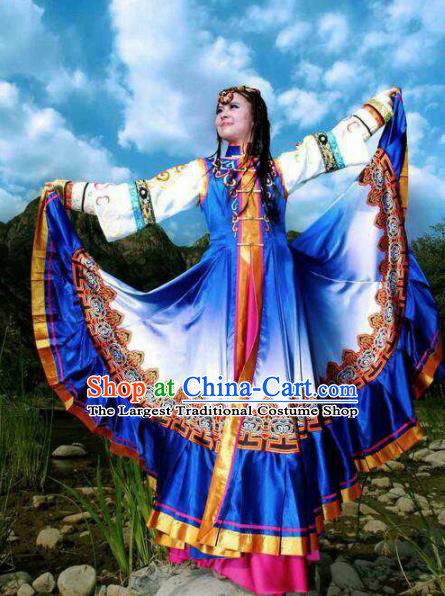 Chinese Traditional Zang Nationality Costumes Tibetan Ethnic Folk Dance Blue Dress for Women