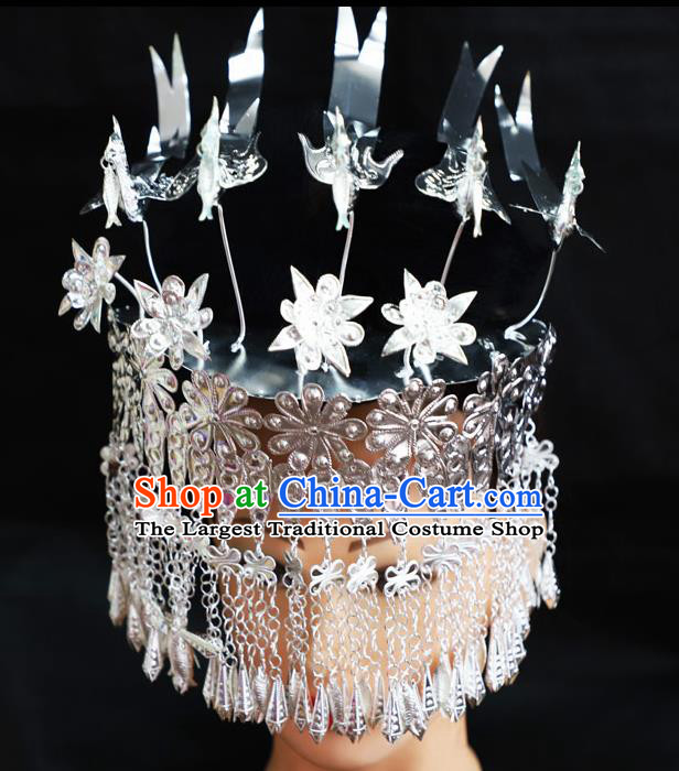 Chinese Traditional Miao Nationality Hair Accessories Tassel Phoenix Coronet Hmong Sliver Hairpins for Women