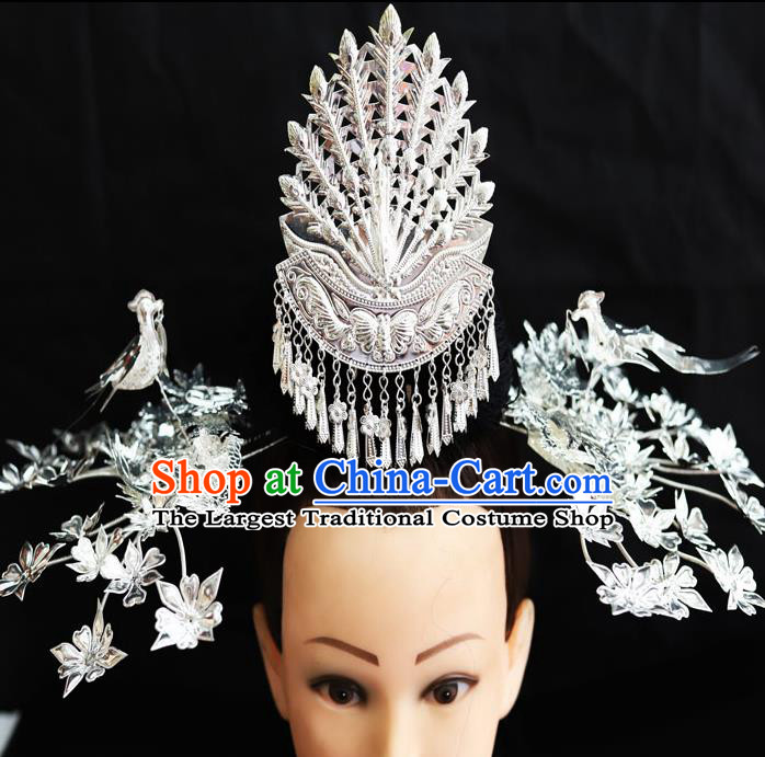 Chinese Traditional Miao Nationality Phoenix Coronet Wedding Hair Accessories Sliver Hairpins for Women