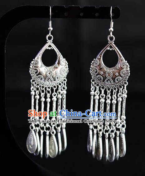 Chinese Traditional Miao Nationality Sliver Ear Accessories Wedding Tassel Earrings for Women