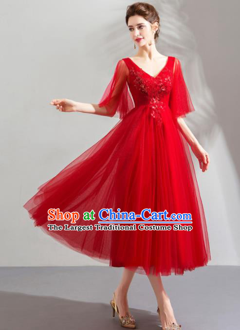 Top Grade Handmade Catwalks Costumes Compere Red Veil Full Dress for Women