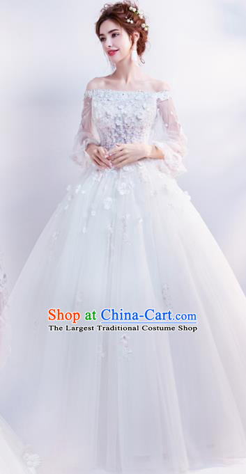 Top Grade Handmade Wedding Costumes Flat Shouders Wedding Gown Bride White Lace Full Dress for Women