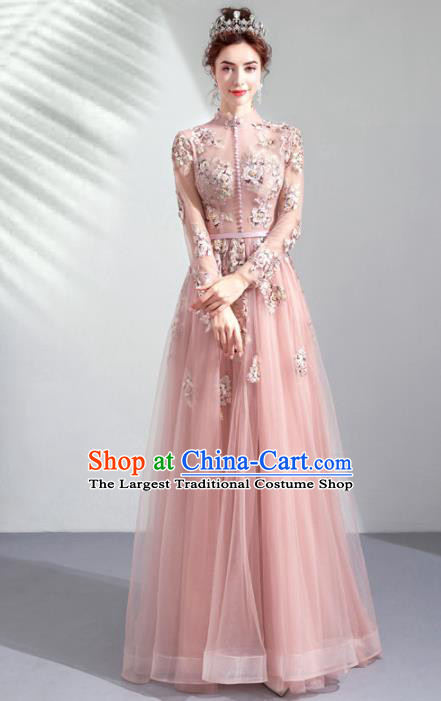 Top Grade Handmade Catwalks Costumes Compere Pink Veil Embroidered Full Dress for Women