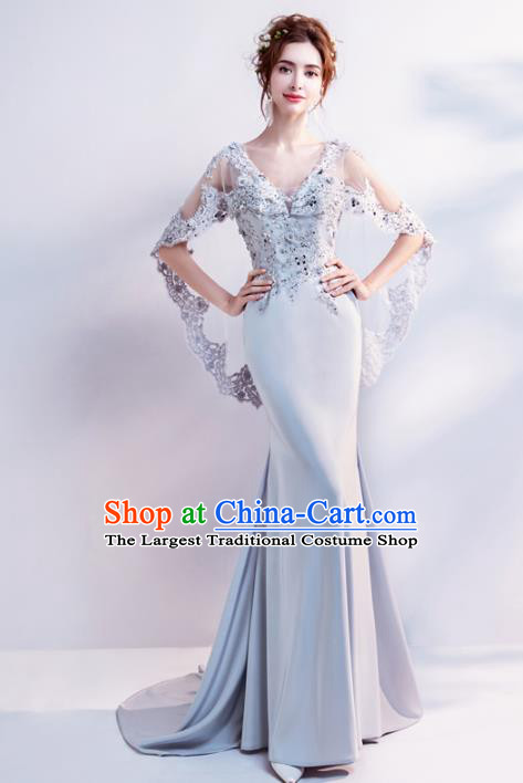 Top Grade Handmade Compere Costume Catwalks Grey Mullet Formal Dress for Women