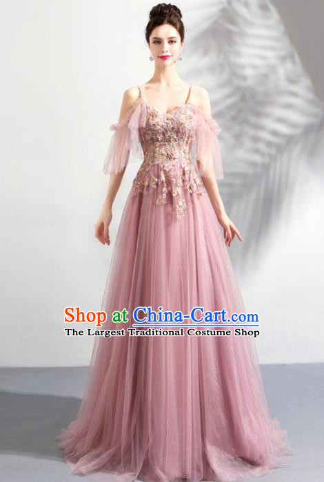 Top Grade Compere Embroidered Costume Handmade Catwalks Bride Pink Formal Dress for Women