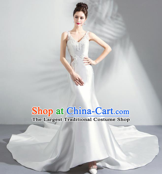 Handmade Top Grade Princess White Satin Wedding Dress Fancy Wedding Gown for Women