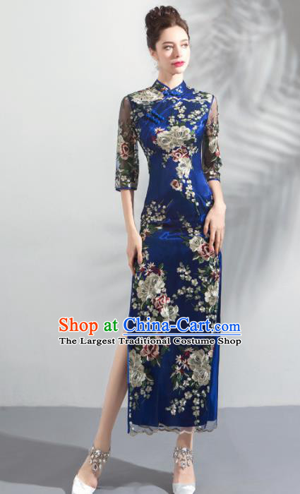 Chinese Traditional Blue Cheongsam Wedding Bride Costume Compere Full Dress for Women