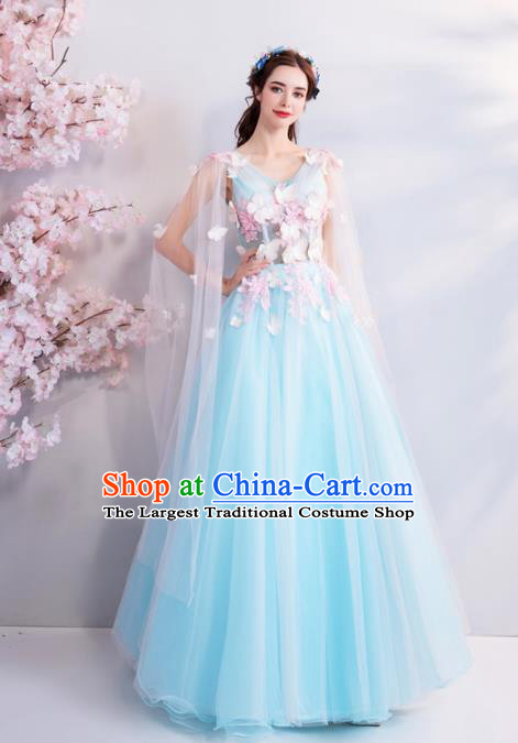 Handmade Top Grade Princess Wedding Dress Fancy Embroidered Blue Veil Wedding Gown for Women