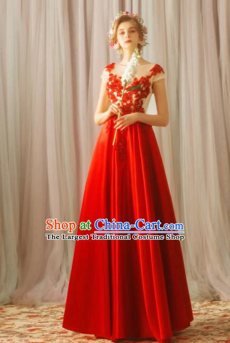 Top Grade Compere Formal Dress Handmade Catwalks Bride Red Full Dress for Women