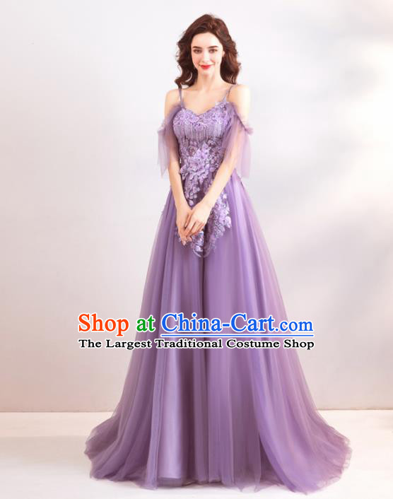 Top Grade Compere Formal Dress Handmade Catwalks Bride Purple Veil Full Dress for Women