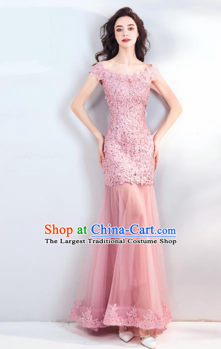 Top Grade Compere Formal Dress Handmade Catwalks Bride Pink Lace Full Dress for Women