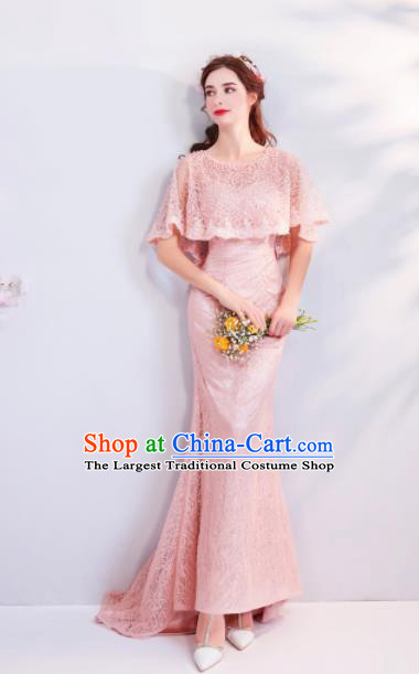 Top Grade Compere Formal Dress Handmade Catwalks Bride Pink Mermaid Full Dress for Women
