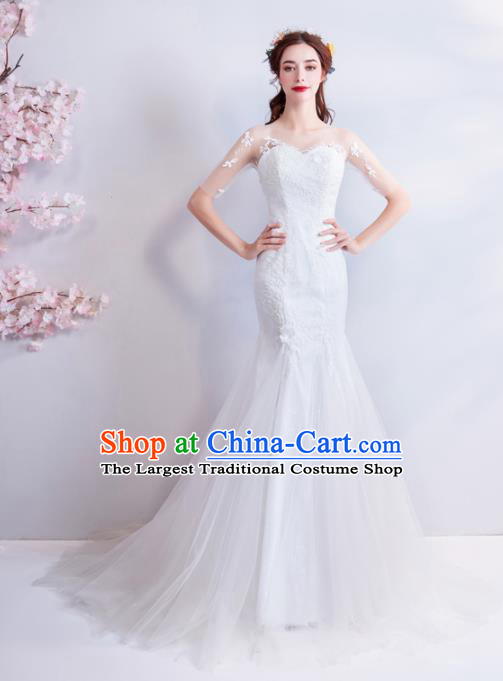 Handmade Princess Embroidered White Veil Wedding Dress Fancy Wedding Gown for Women