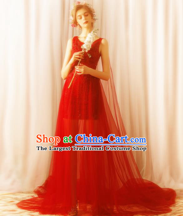 Top Grade Handmade Compere Costume Catwalks Red Veil Trailing Formal Dress for Women