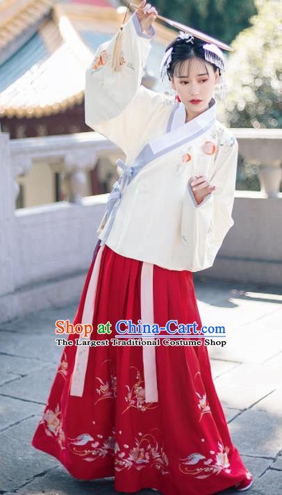 Traditional Chinese Ming Dynasty Nobility Lady Embroidered Costumes Ancient White Blouse and Red Skirt for Women