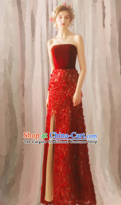 Top Grade Compere Red Velvet Formal Dress Handmade Catwalks Angel Full Dress for Women