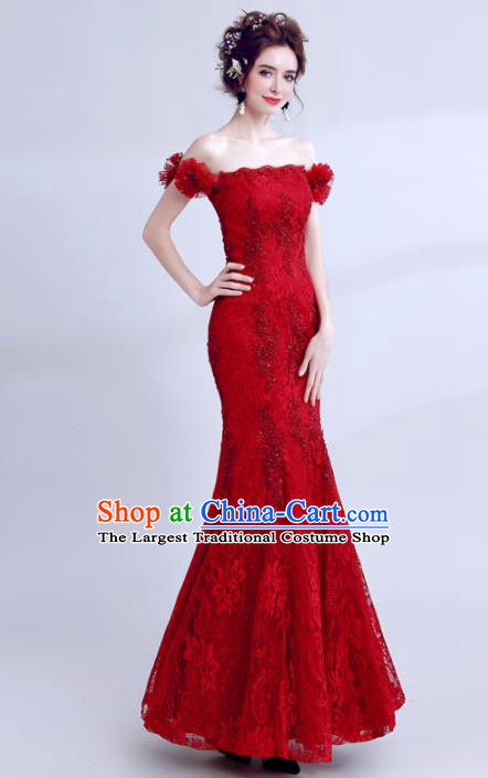 Top Grade Compere Red Lace Formal Dress Handmade Catwalks Angel Full Dress for Women