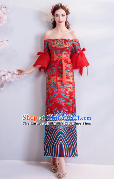 Chinese Traditional Red Cheongsam Wedding Bride Costume Compere Full Dress for Women