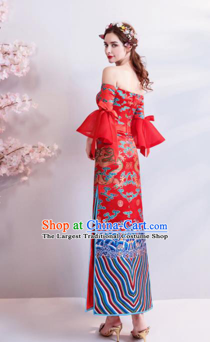 Chinese Traditional Red Cheongsam Wedding Bride Costume Compere Full Dress for Women