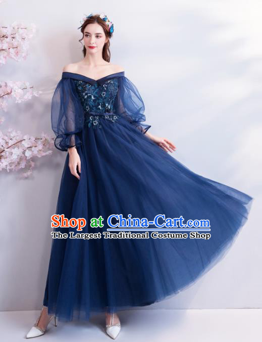 Top Grade Compere Formal Dress Handmade Catwalks Angel Blue Veil Full Dress for Women
