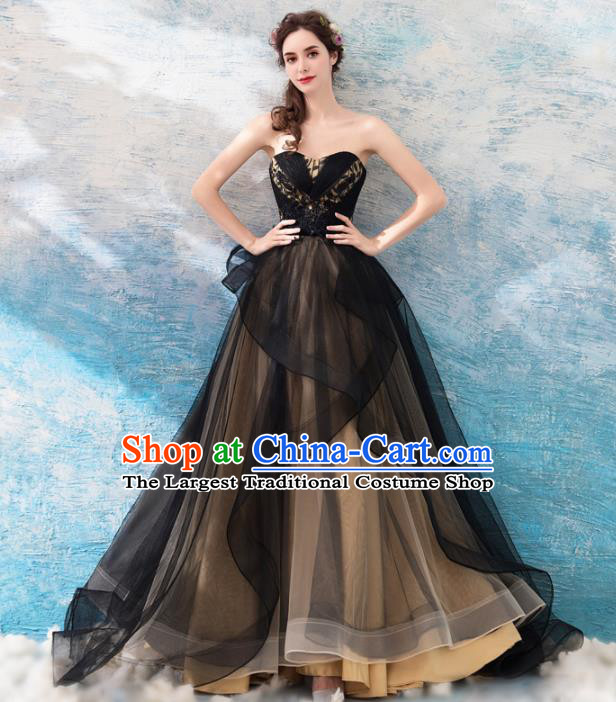 Top Grade Compere Formal Dress Handmade Catwalks Angel Black Veil Full Dress for Women