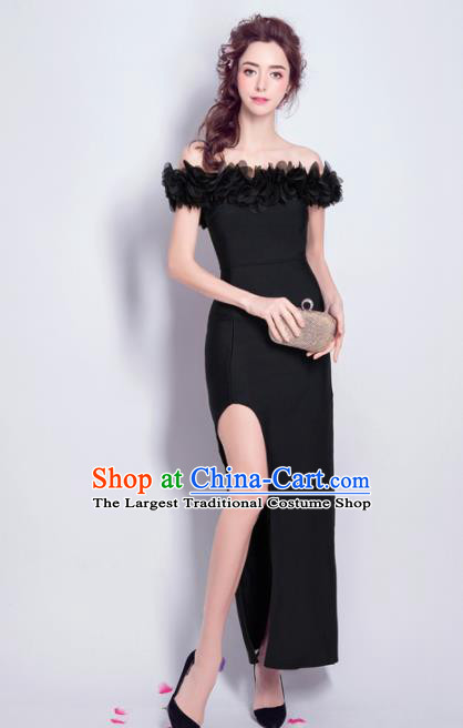 Top Grade Black Evening Dress Compere Costume Handmade Catwalks Angel Full Dress for Women