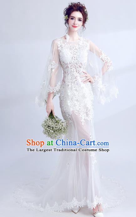 Handmade Princess White Lace Wedding Dress Top Grade Fancy Wedding Gown for Women