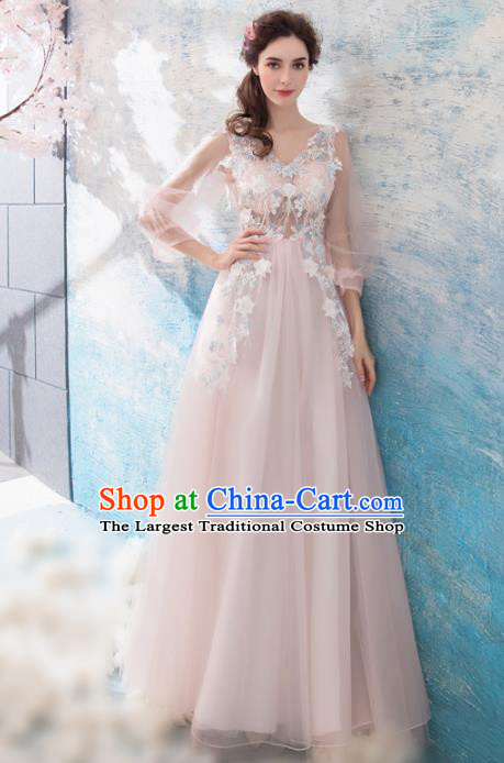 Top Grade Pink Evening Dress Compere Costume Handmade Catwalks Angel Full Dress for Women