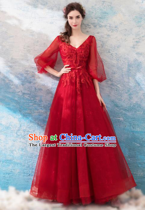 Top Grade Embroidered Red Veil Evening Dress Compere Costume Handmade Catwalks Angel Full Dress for Women