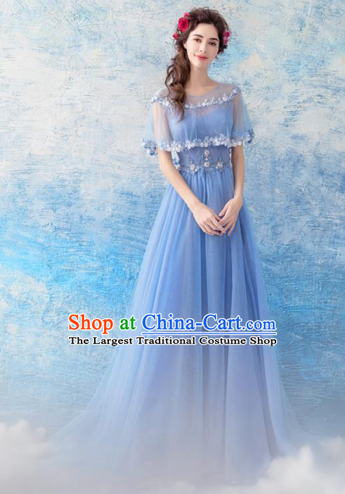 Top Grade Blue Veil Evening Dress Compere Costume Handmade Catwalks Angel Full Dress for Women