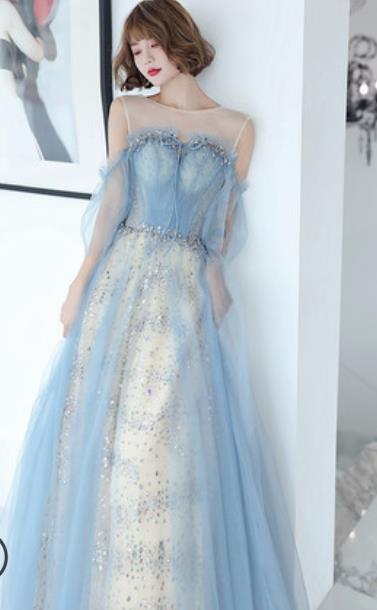 Handmade Blue Veil Evening Dress Compere Costume Catwalks Angel Full Dress for Women
