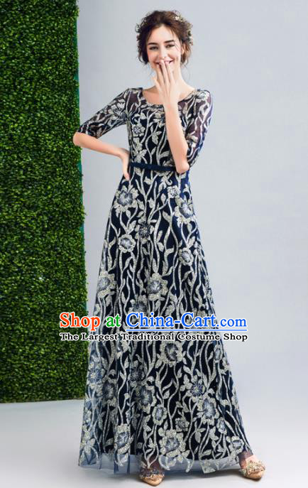 Top Grade Handmade Gilding Blue Formal Dress Compere Costume Catwalks Evening Dress for Women