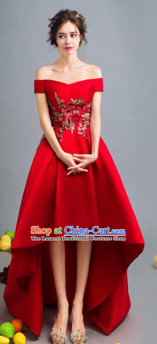 Top Grade Red Silk Trailing Formal Dress Compere Costume Catwalks Evening Dress for Women