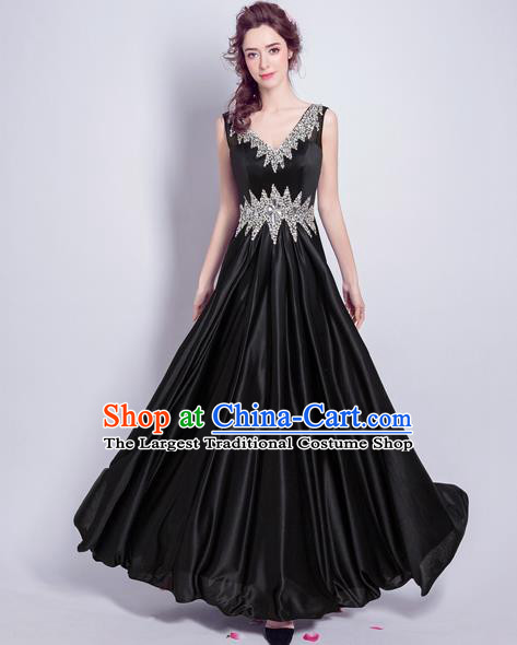 Top Grade Handmade Black Silk Formal Dress Compere Costume Catwalks Evening Dress for Women