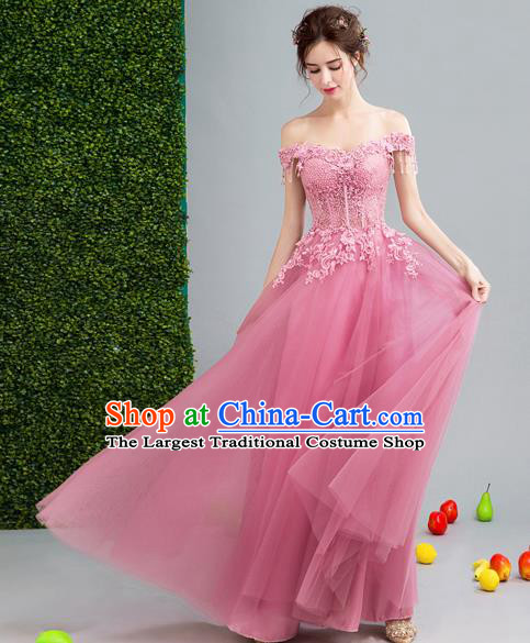 Top Grade Crystal Tassel Pink Formal Dress Compere Costume Catwalks Evening Dress for Women