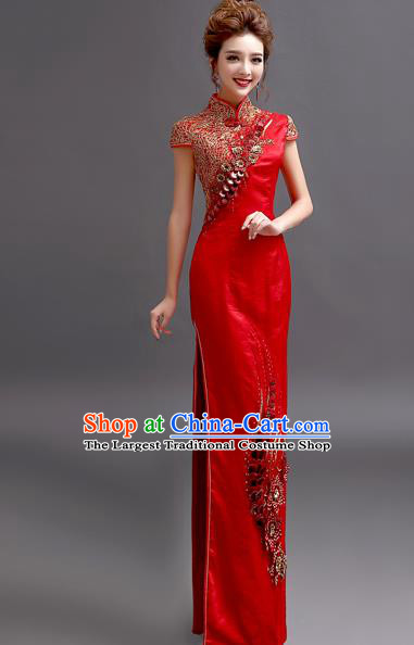 Chinese Traditional Full Dress Wedding Bride Red Cheongsam for Women