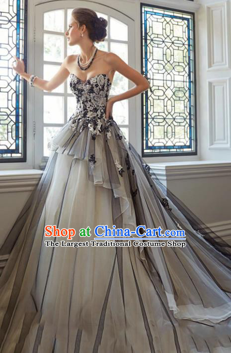 Handmade Bride Grey Veil Wedding Dress Fancy Formal Dress Wedding Gown for Women