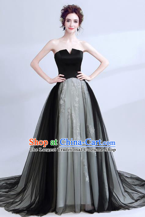 Handmade Black Strapless Evening Dress Compere Costume Catwalks Angel Full Dress for Women